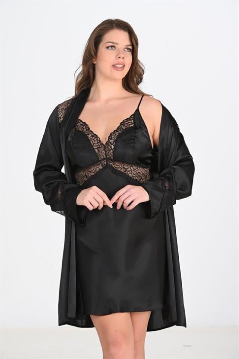 Ahu 2li Siyah Sabahlık Takımı Bigsize 6201