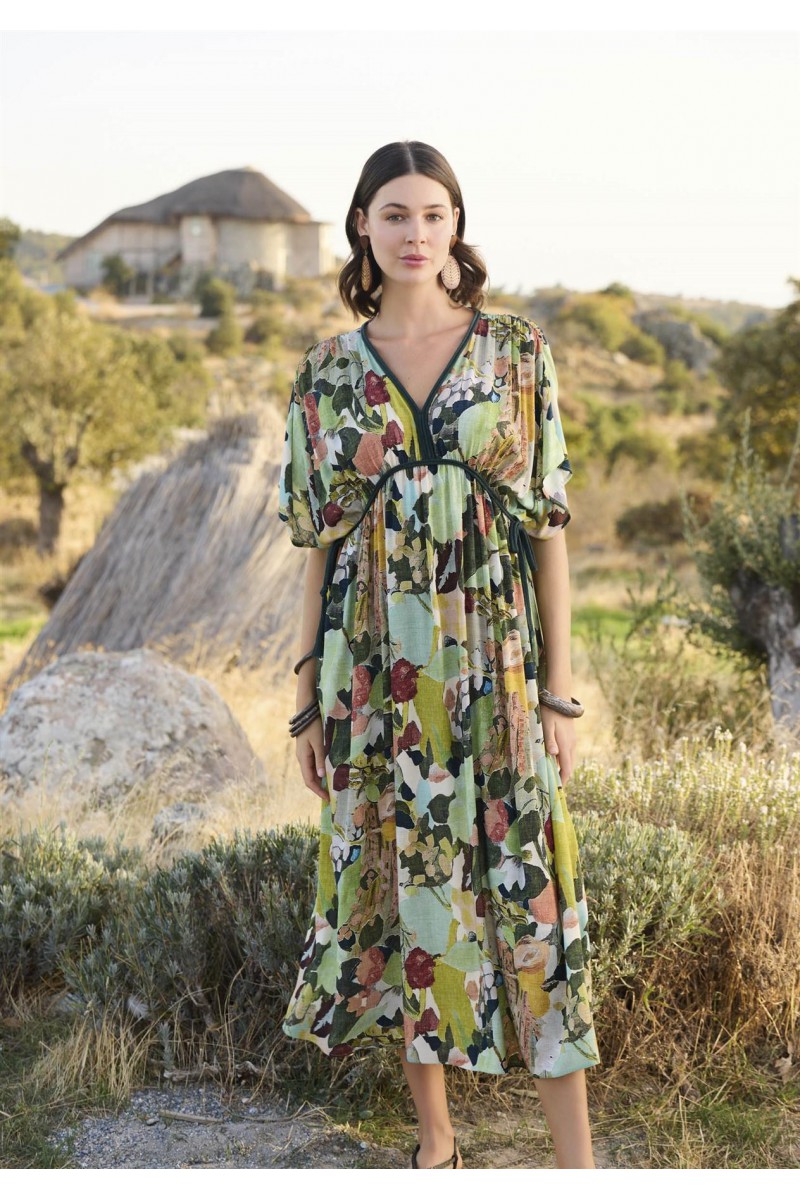 Arias Closet %100 Viskon Çiçek ve Yaprak Desenli Kısa Kollu Elbise Arias Closet %100 Viskon Çiçek ve Yaprak Desenli Kısa Kollu Elbise