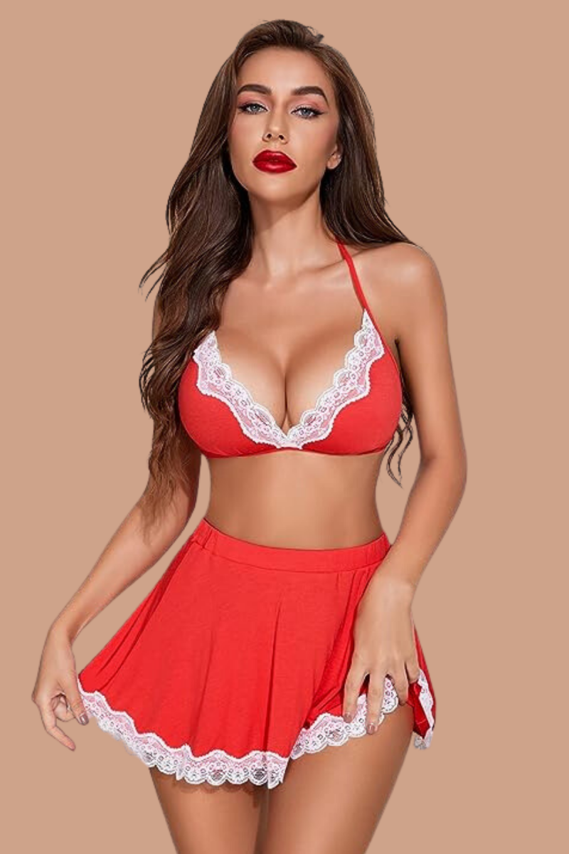Arias Closet Fantezi Şık Kenarları Dantel İle Süslenmiş Hizmetci Kostümü Kırmızı Beyaz