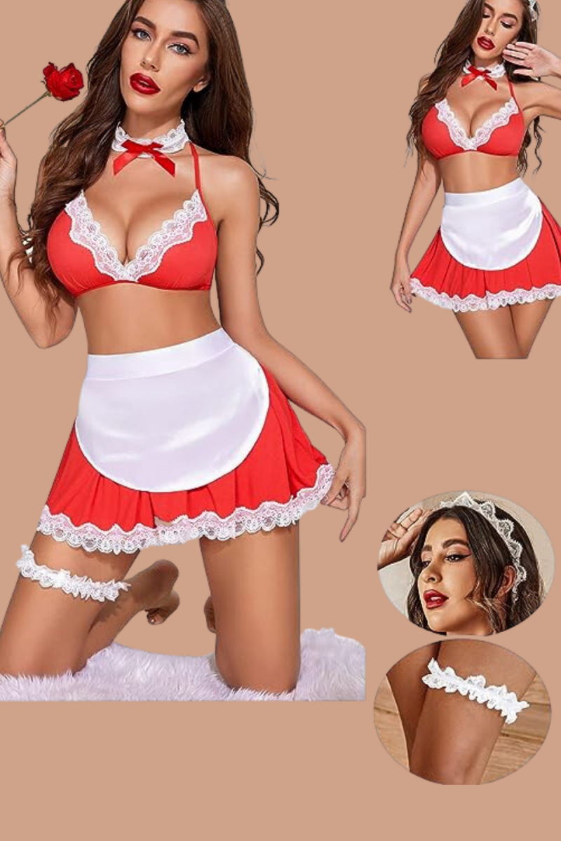 Arias Closet Fantezi Şık Kenarları Dantel İle Süslenmiş Hizmetci Kostümü Kırmızı Beyaz