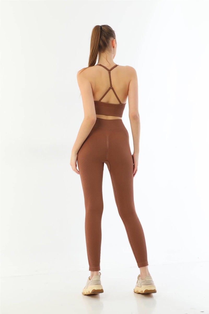 Arias Closet Kahve MI Emay 3921 Soft Seamless Ripli Tayt Yoga Takımı Arias Closet Kahve MI Emay 3921 Soft Seamless Ripli Tayt Yoga Takımı