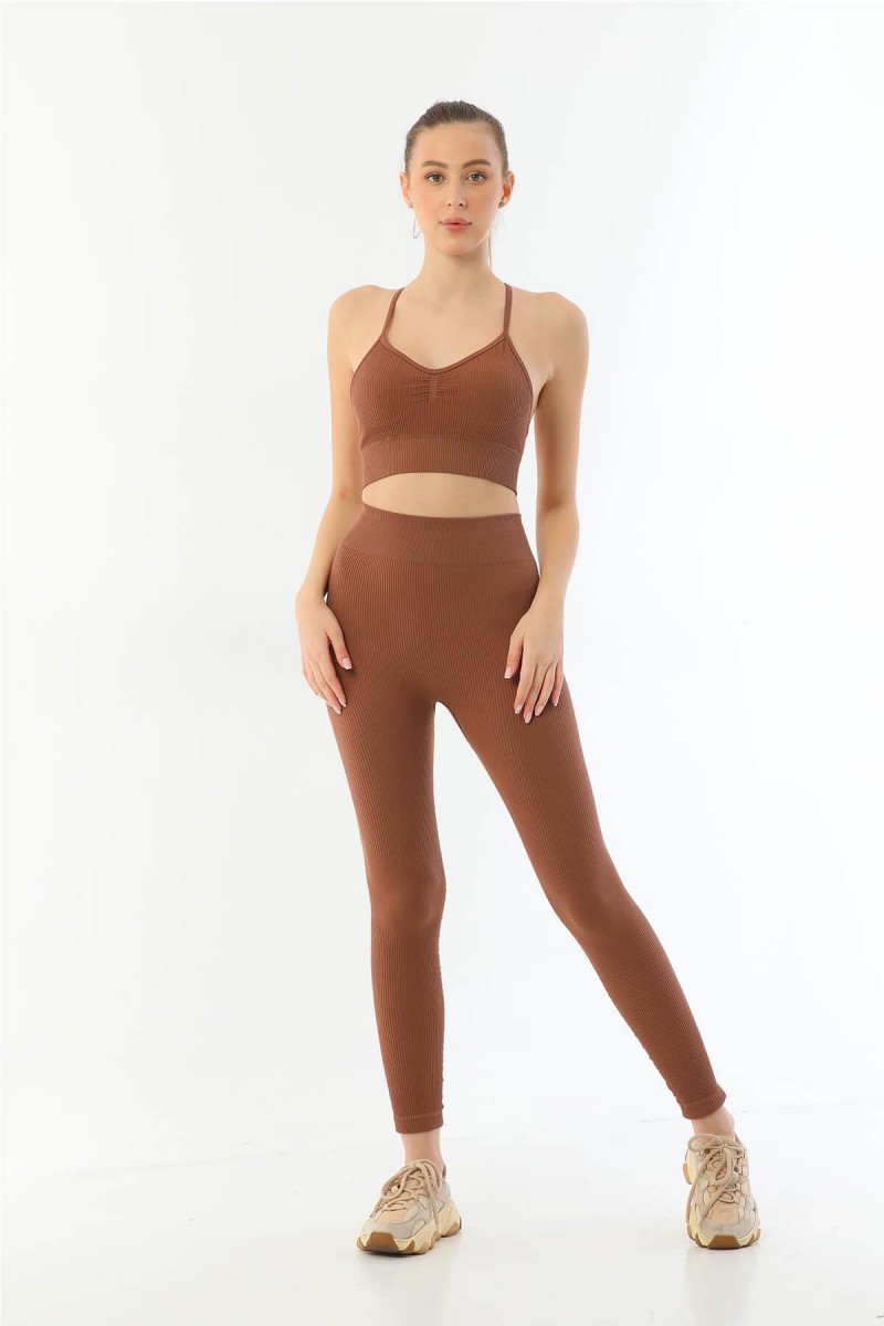 Arias Closet Kahve MI Emay 3921 Soft Seamless Ripli Tayt Yoga Takımı Arias Closet Kahve MI Emay 3921 Soft Seamless Ripli Tayt Yoga Takımı