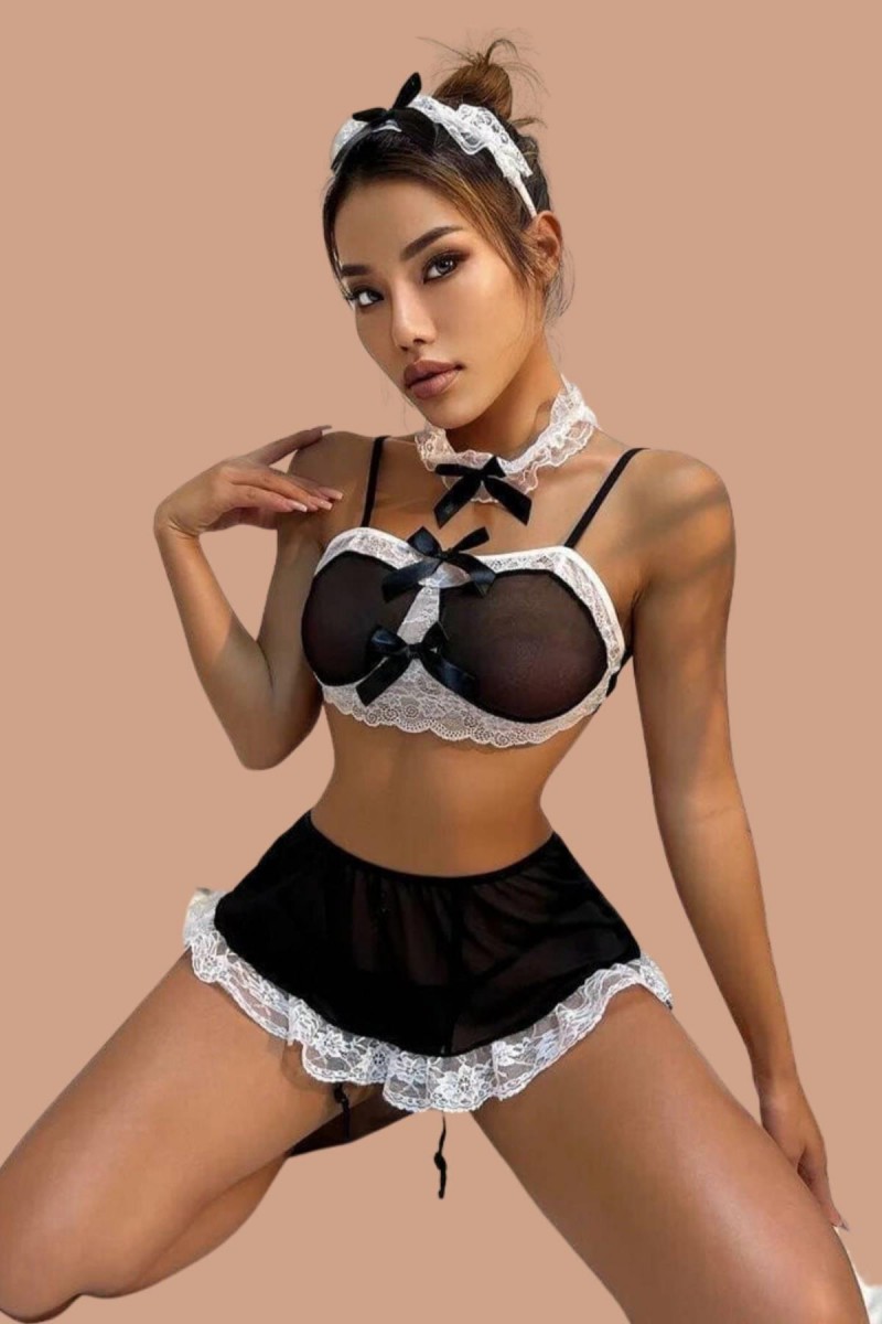 Arias Closet Siyah Fantezi Beyaz Dantel İşlemeli Hemşire Kostümü