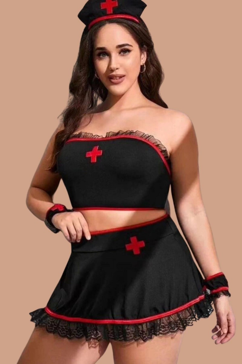 Arias Closet Büyük Beden Siyah Penye ve Dantelli Şık Hemşire Kostümü