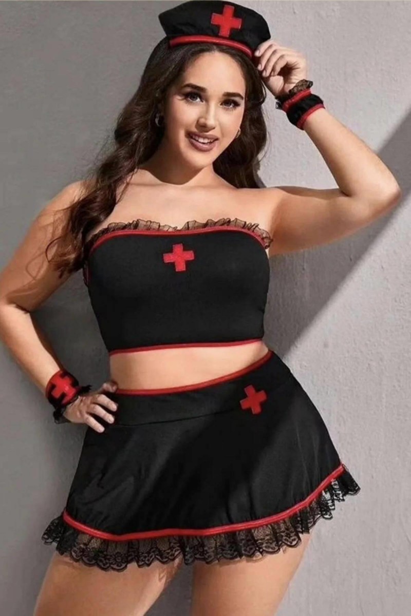 Arias Closet Büyük Beden Siyah Penye ve Dantelli Şık Hemşire Kostümü