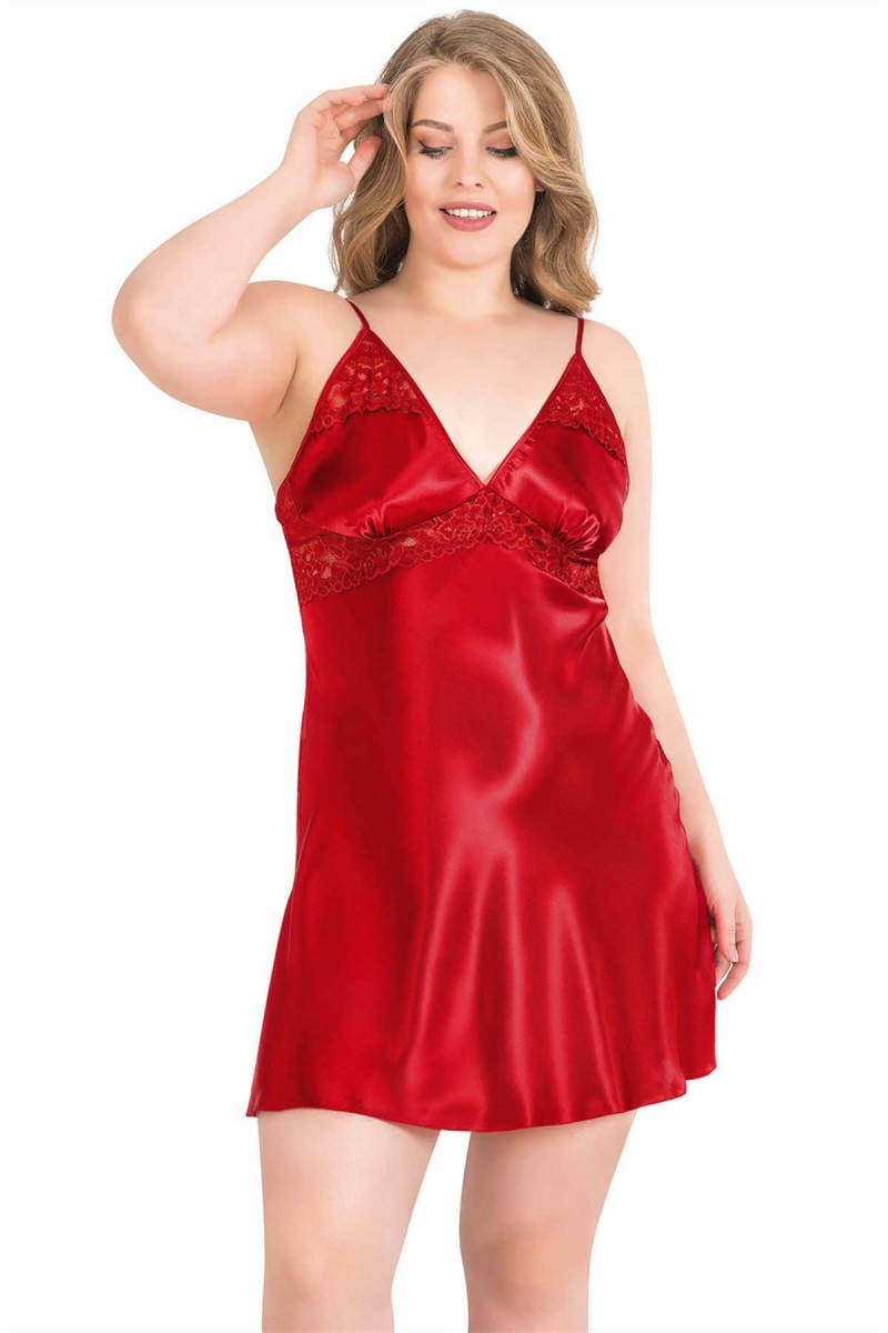 Arias Closet Büyük Beden Kırmızı Kısa İkili Saten Sabahlık Gecelik Takımı