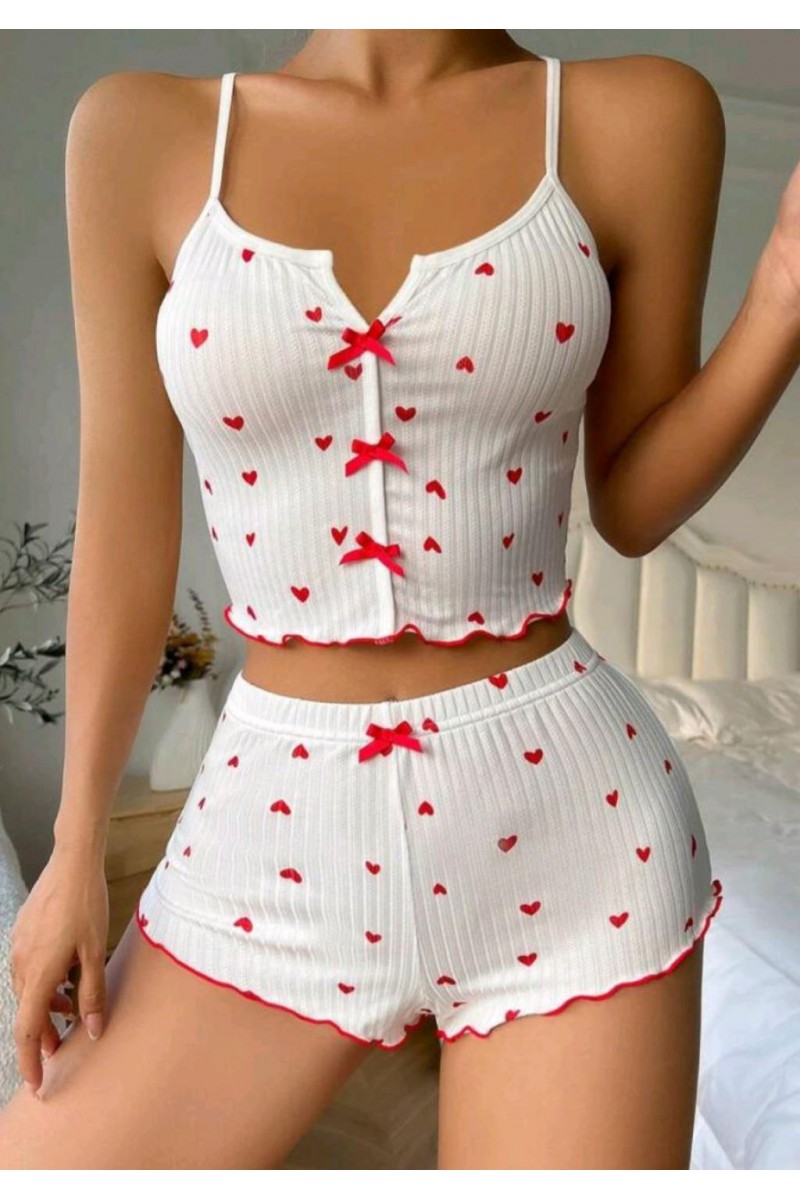 Arias Closet Beyaz Fiyonk Desenli Kalpli Askılı Şortlu Pijama Takım