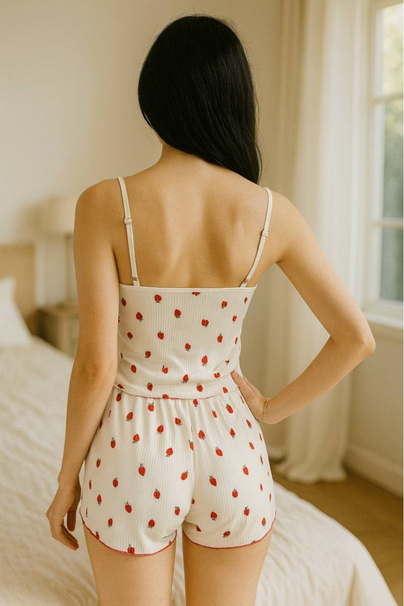 Arias Closet Beyaz Üstüne Çilek Desenli Askılı Şortlu Pijama Takımı Arias Closet Beyaz Üstüne Çilek Desenli Askılı Şortlu Pijama Takımı