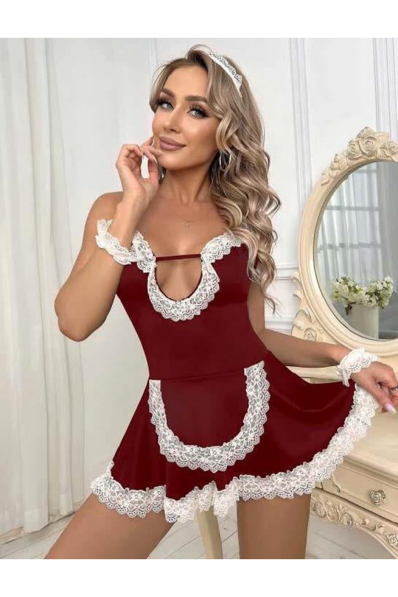 Arias Closet Bordo Beyaz Aksesuarlı Dantelli Fantezi Hizmetçi Kostümü