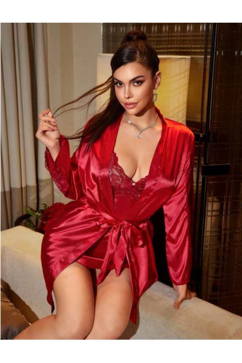 Arias Closet Bordo Dantel İşlemeli İnce Askılı Saten 2li Gecelik Sabahlık Takımı Arias Closet Bordo Dantel İşlemeli İnce Askılı Saten 2li Gecelik Sabahlık Takımı