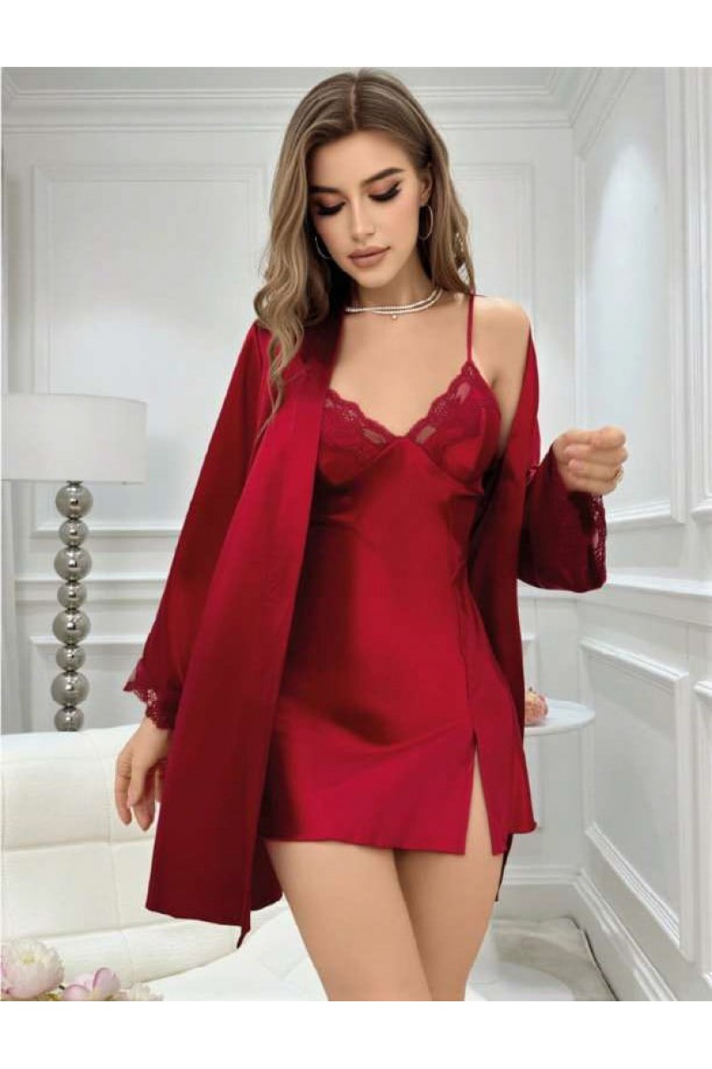 Arias Closet Bordo İnce Askılı Saten 2li Gecelik Sabahlık Takımı Arias Closet Bordo İnce Askılı Saten 2li Gecelik Sabahlık Takımı