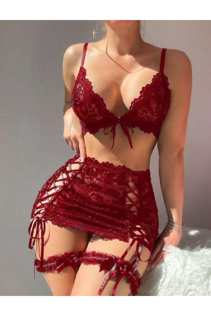 Arias Closet Bordo Transparan Dantel İşlemeli İp Detaylı Fantezi Takım Arias Closet Bordo Transparan Dantel İşlemeli İp Detaylı Fantezi Takım