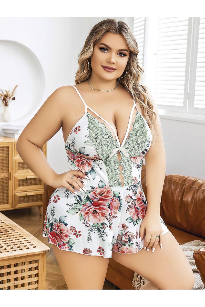 Arias Closet Büyük Beden Beyaz Üstüne Çiçek Desenli Dantel İşlemeli İnce Askılı Şort Gecelik Arias Closet Büyük Beden Beyaz Üstüne Çiçek Desenli Dantel İşlemeli İnce Askılı Şort Gecelik