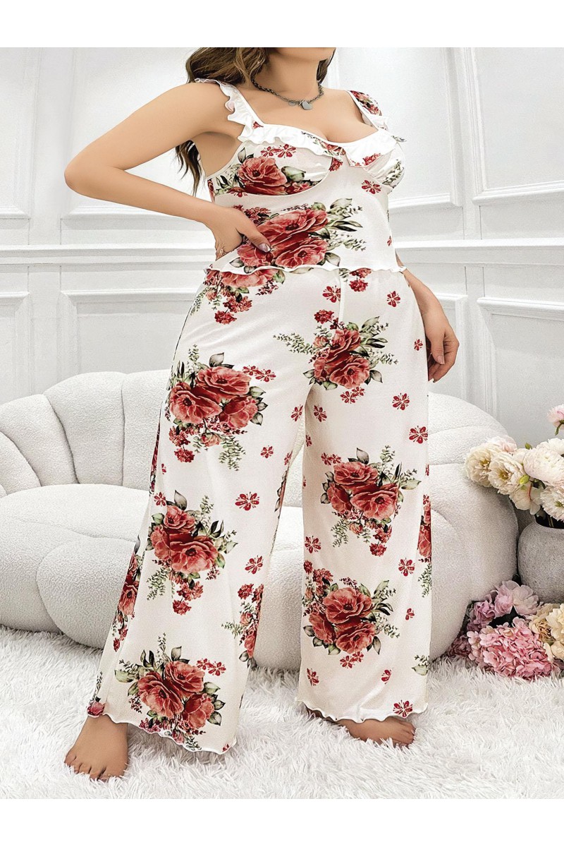 Arias Closet Büyük Beden Gül Desenli İnce Askılı Beyaz Salaş 2li Takım Arias Closet Büyük Beden Gül Desenli İnce Askılı Beyaz Salaş 2li Takım
