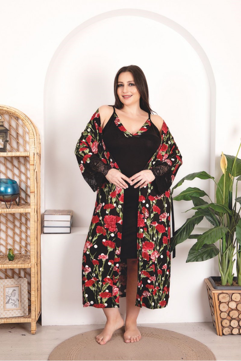 Arias Closet Büyük Beden Kırmızı Çiçek Desenli Dantel İşlemeli 2li Viskon Siyah Gecelik Sabahlık Takımı Arias Closet Büyük Beden Kırmızı Çiçek Desenli Dantel İşlemeli 2li Viskon Siyah Gecelik Sabahlık Takımı