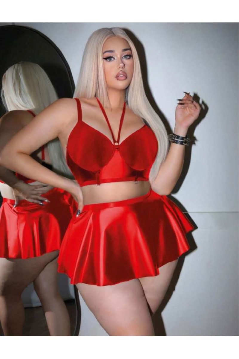 Arias Closet Büyük Beden Kırmızı Deri Görünümlü Etekli Fantezi Takım Arias Closet Büyük Beden Kırmızı Deri Görünümlü Etekli Fantezi Takım