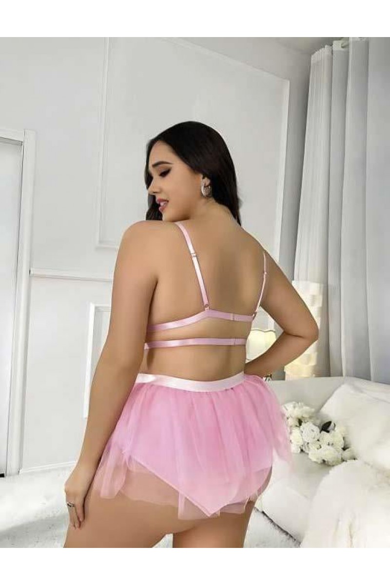 Arias Closet Büyük Beden Pembe Tül Etekli Mini Fantezi Takım