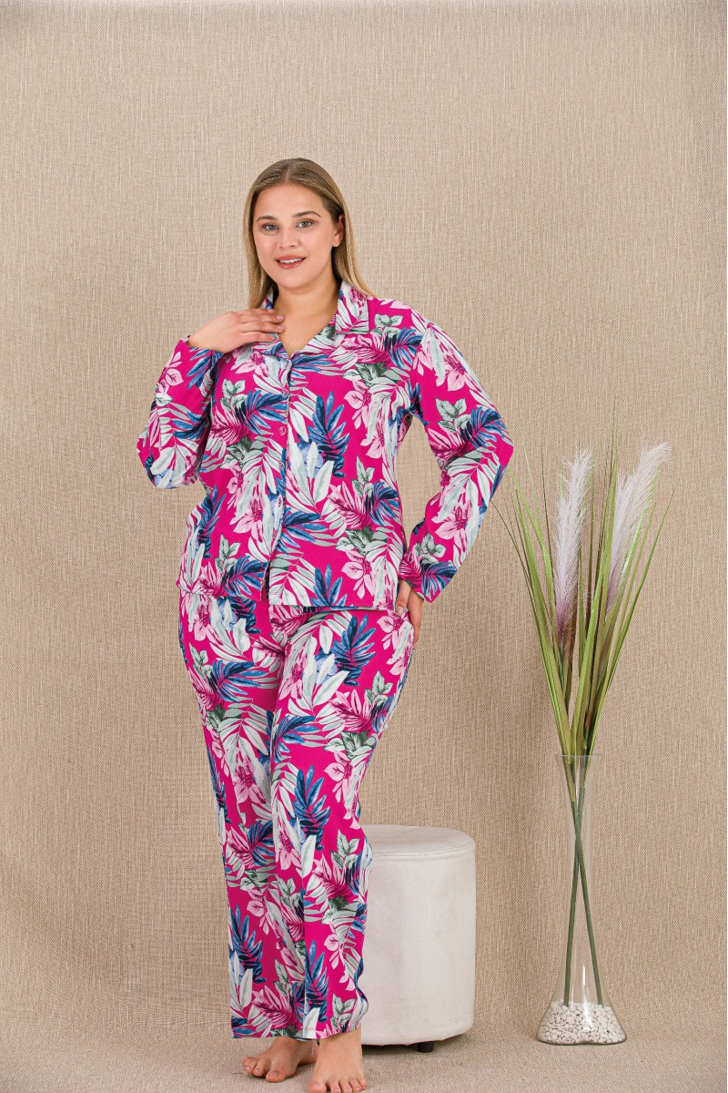 Arias Closet Büyük Beden Renkli Yaprak Desenli Düğmeli Uzun Kol Viskon Pijama Takımı Arias Closet Büyük Beden Renkli Yaprak Desenli Düğmeli Uzun Kol Viskon Pijama Takımı