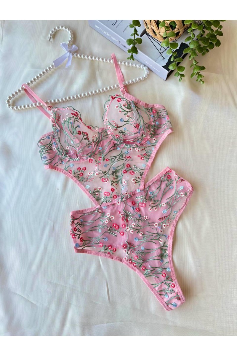 Arias Closet Çiçek Dal Desenli Pembe Bodysuit