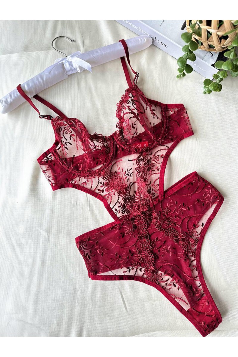 Arias Closet Çiçek Desenli Bordo Bodysuit