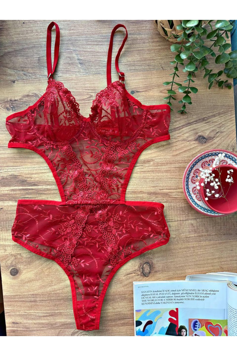 Arias Closet Çiçek Desenli Kırmızı Bodysuit