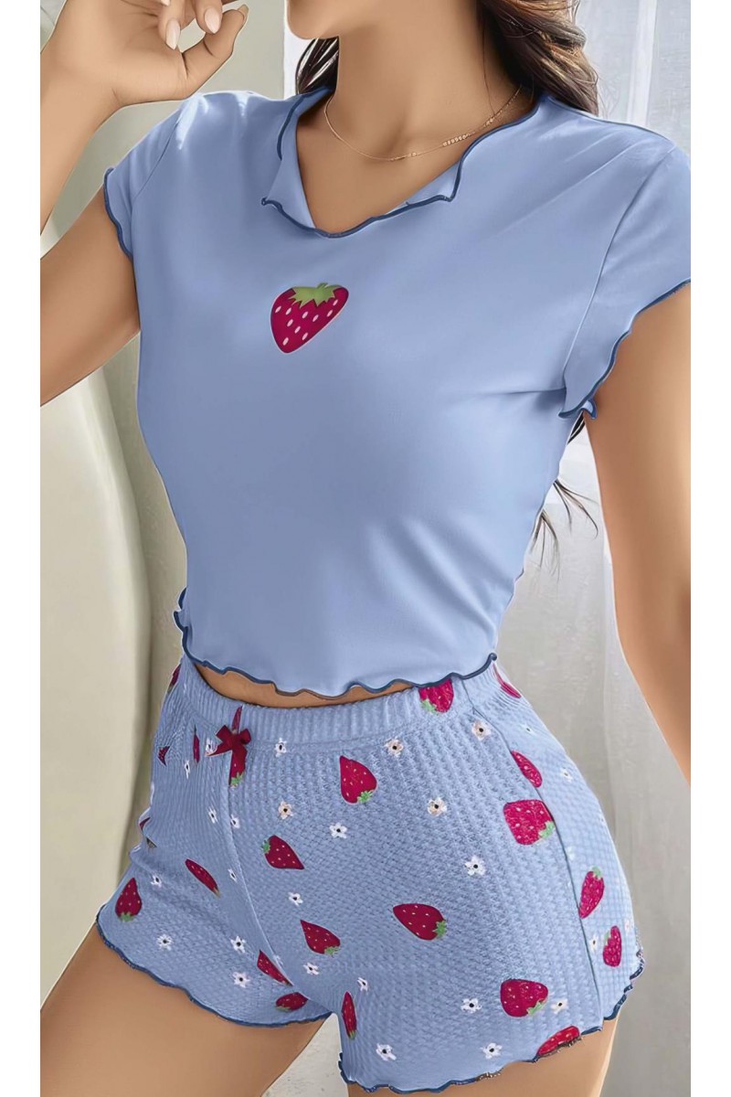 Arias Closet Çilek Desenli Mavi Seksi Pijama Takım