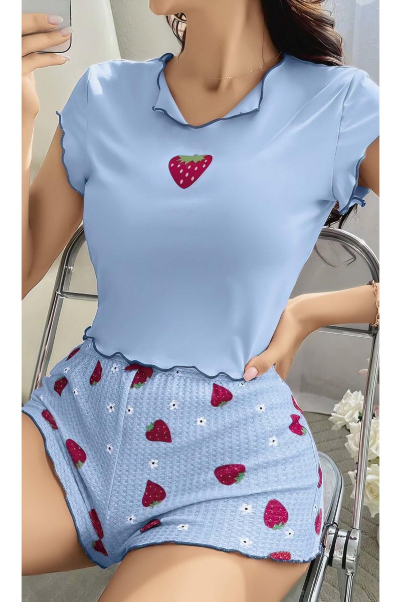 Arias Closet Çilek Desenli Mavi Seksi Pijama Takım
