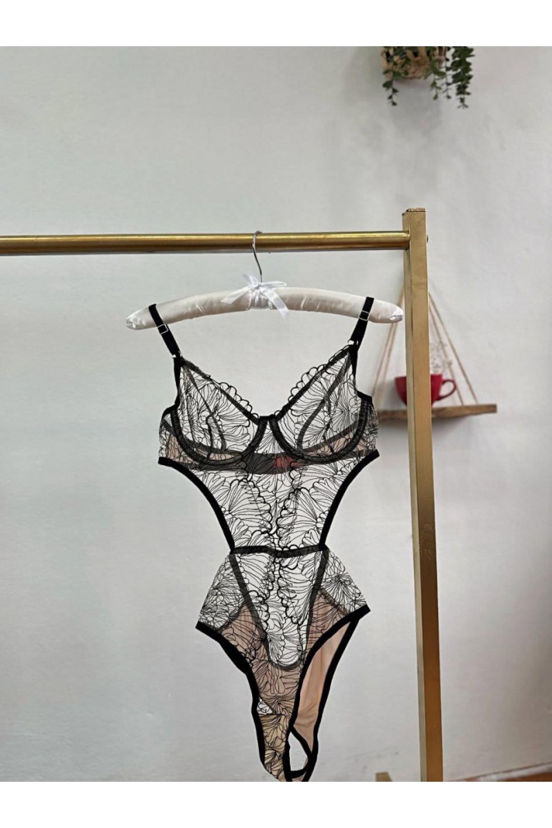 Arias Closet Desenli Ten Siyah Bodysuit