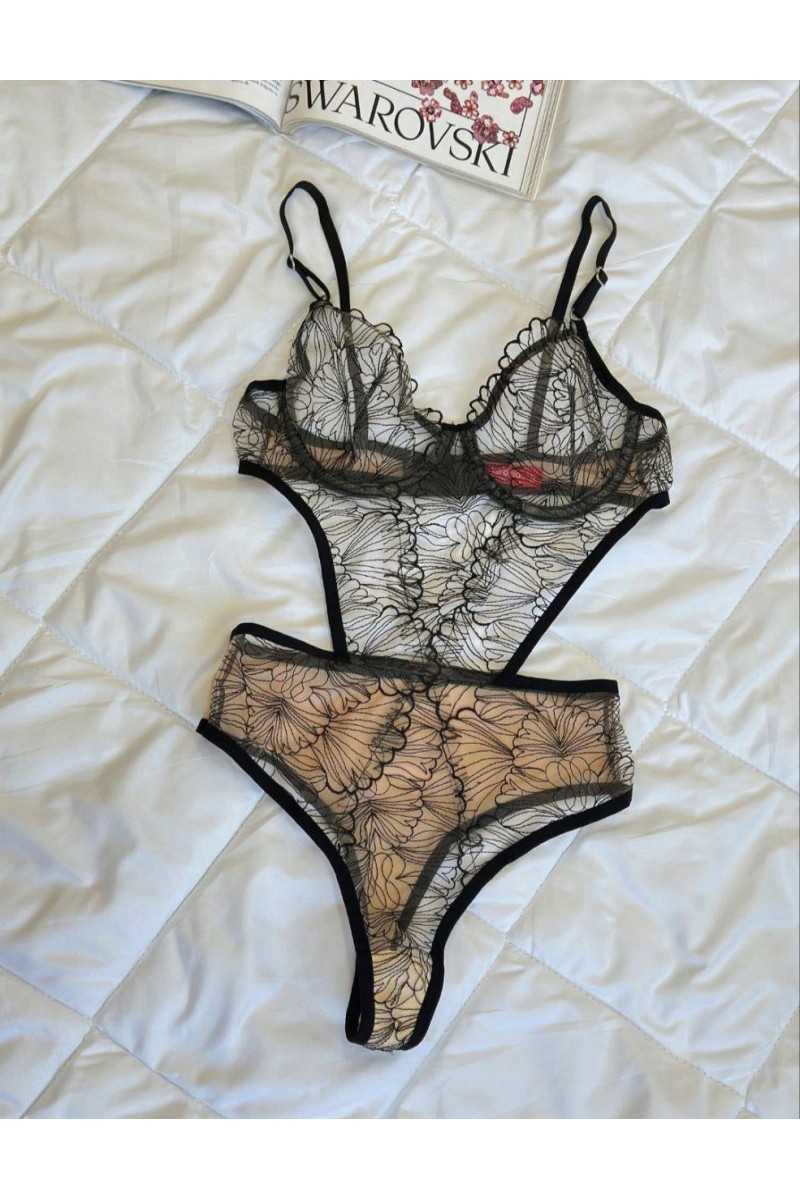 Arias Closet Desenli Ten Siyah Bodysuit