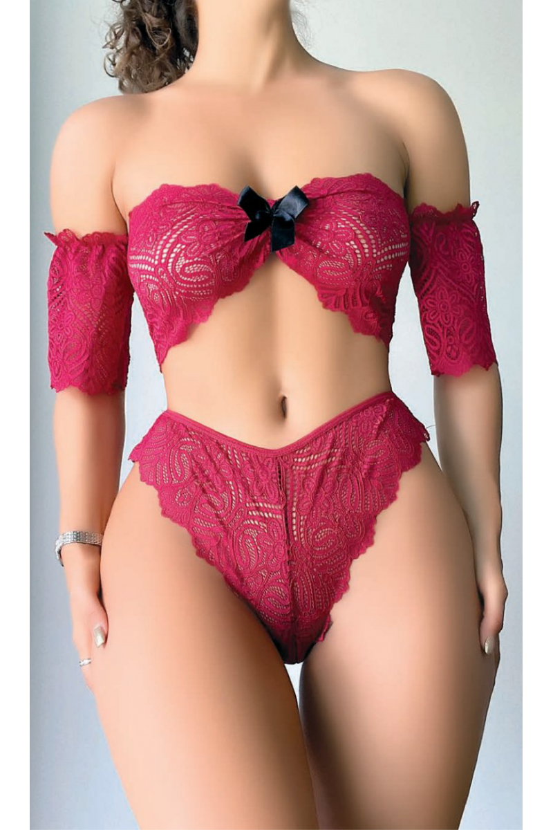 Arias Closet Fiyonk Detaylı Kırmızı Dantel Sütyen Külot Takım