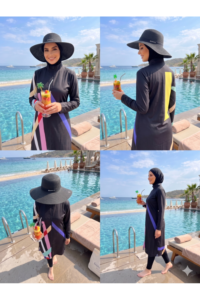 Arias Closet Geometrik Desenli Siyah Tam Kapalı Spor Likralı Fermuarlı Tesettür Mayo Takımı Arias Closet Geometrik Desenli Siyah Tam Kapalı Spor Likralı Fermuarlı Tesettür Mayo Takımı