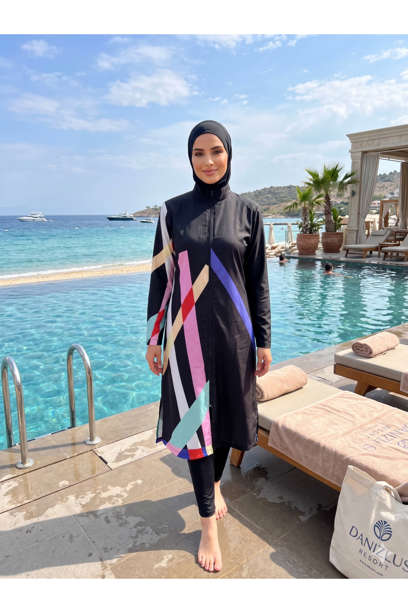 Arias Closet Geometrik Desenli Siyah Tam Kapalı Spor Likralı Fermuarlı Tesettür Mayo Takımı Arias Closet Geometrik Desenli Siyah Tam Kapalı Spor Likralı Fermuarlı Tesettür Mayo Takımı