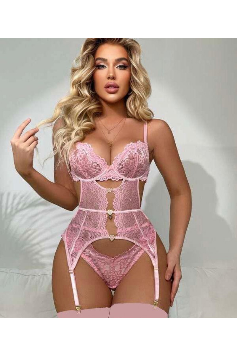 Arias Closet Kalp Aksesuarlı Dantelli Fantezi Pembe Jartiyer Takım