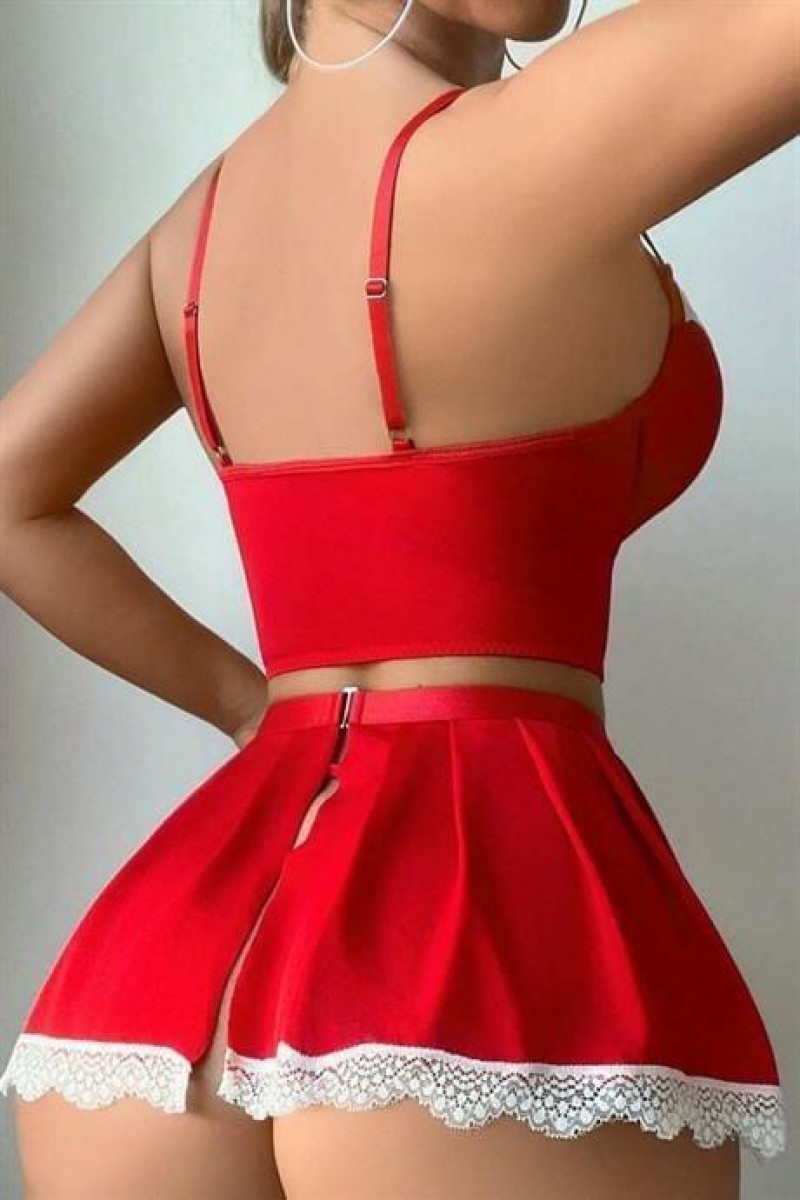 Arias Closet Kırmızı Beyaz Bacak Aksesuarlı Büstiyerli Fantezi Hizmetçi Kostümü