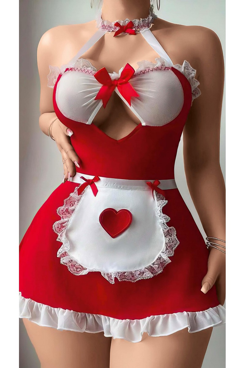 Arias Closet Kırmızı Beyaz Dantel İşlemeli Kalp Detaylı Fantezi Fransız Hizmetçi Kostümü Arias Closet Kırmızı Beyaz Dantel İşlemeli Kalp Detaylı Fantezi Fransız Hizmetçi Kostümü