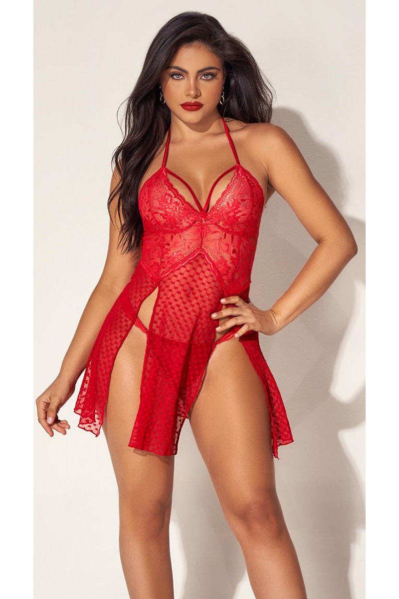 Arias Closet Kırmızı Dantelli Boyundan Askılı Göğüs Detay Gecelik Takımı