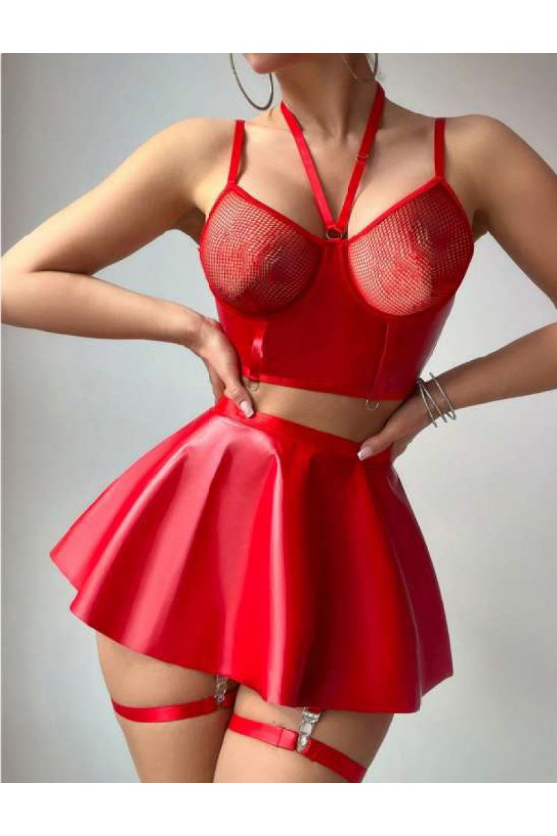 Arias Closet Kırmızı Etekli Pileli Jartiyer Görünümlü Fileli Fantezi Deri Elbise Arias Closet Kırmızı Etekli Pileli Jartiyer Görünümlü Fileli Fantezi Deri Elbise