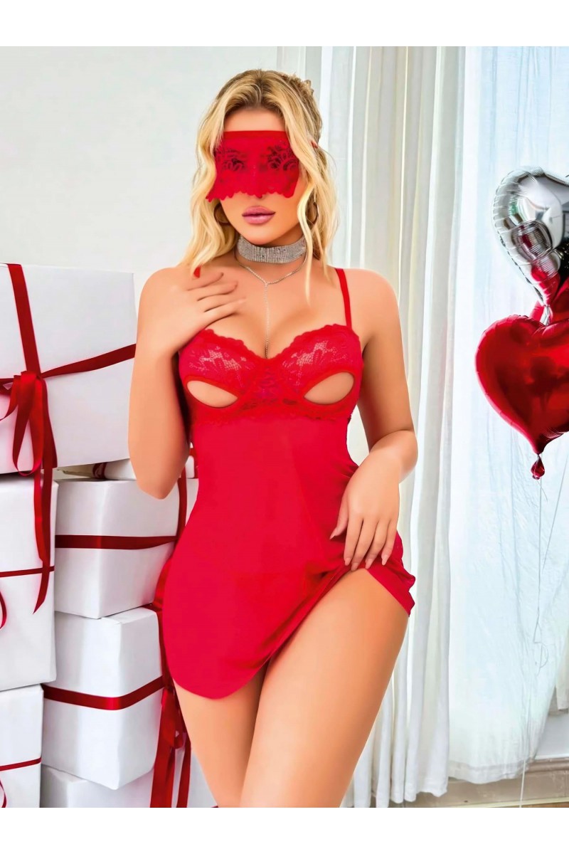 Kırmızı Göğüs Dekolteli Göz Bantlı Fantezi String Tül Gecelik Takımı