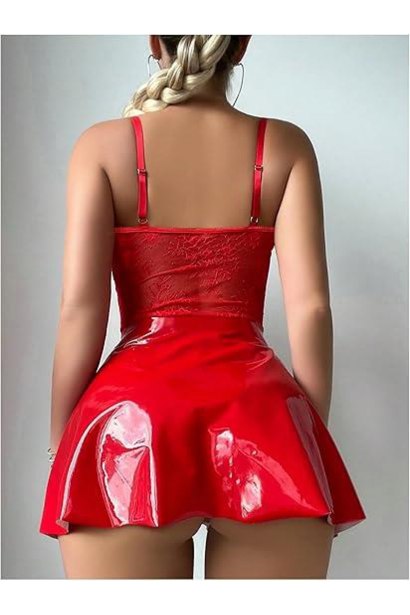 Arias Closet Kırmızı Parlak Deri Şık Bacak Bantlı Fantezi Club Elbise Arias Closet Kırmızı Parlak Deri Şık Bacak Bantlı Fantezi Club Elbise
