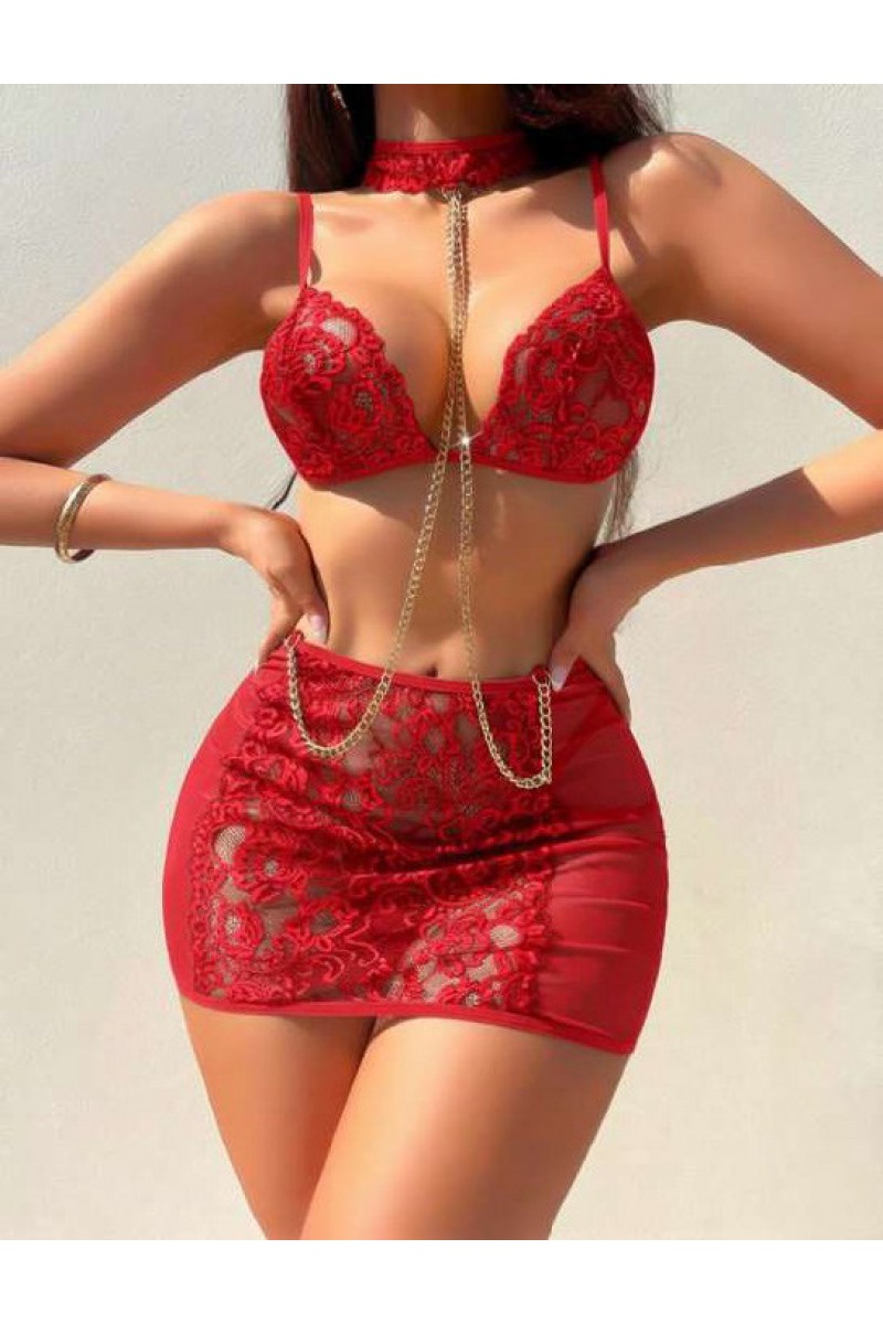 Arias Closet Kırmızı Transparan Dantel İşlemeli Zincir Detaylı Fantezi Takım Arias Closet Kırmızı Transparan Dantel İşlemeli Zincir Detaylı Fantezi Takım