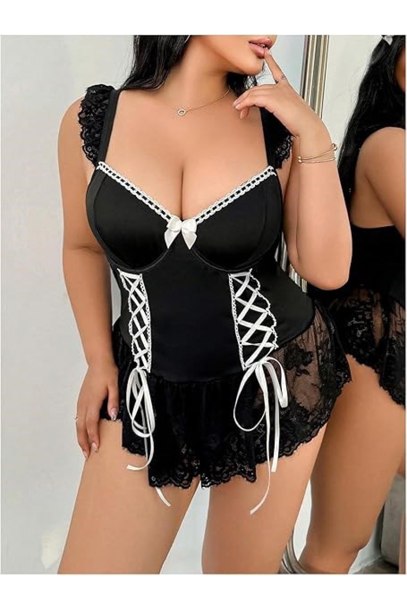 Arias Closet Özel Tasarım Büyük Beden Siyah Dantel İşlemeli Fantezi Hizmetçi Kostümü Arias Closet Özel Tasarım Büyük Beden Siyah Dantel İşlemeli Fantezi Hizmetçi Kostümü