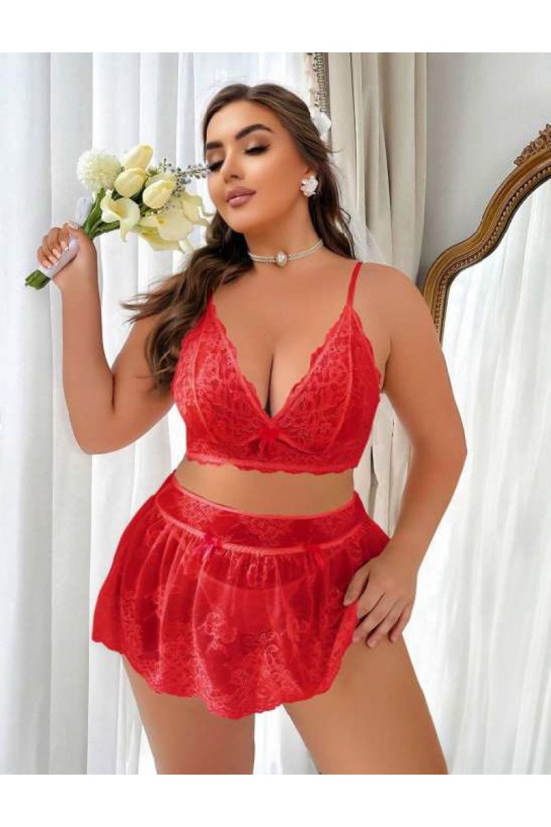 Arias Closet Özel Tasarım Büyük Beden Kırmızı Dantel İşlemeli Fantezi Etekli Sütyen Takımı Arias Closet Özel Tasarım Büyük Beden Kırmızı Dantel İşlemeli Fantezi Etekli Sütyen Takımı