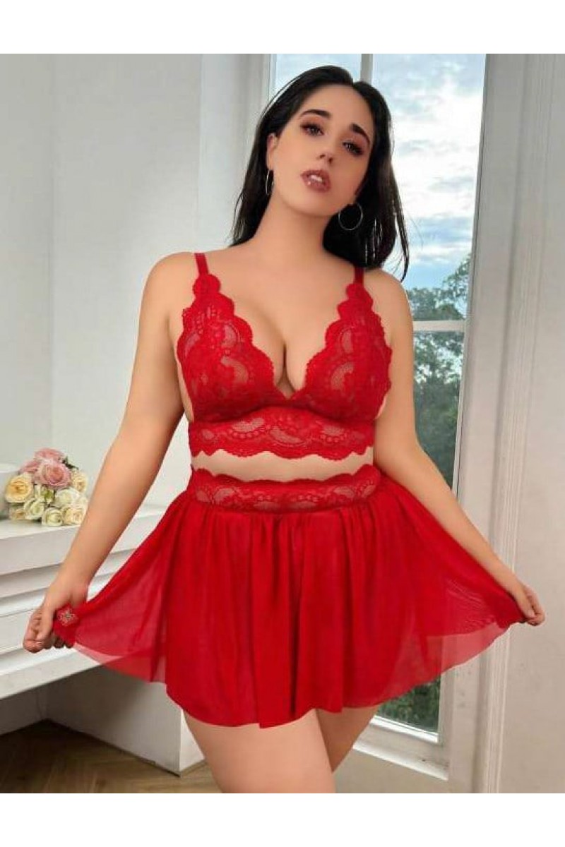 Arias Closet Özel Tasarım Büyük Beden Kırmızı Dantel İşlemeli Dekolteli Fantezi Etekli Sütyen Takımı Arias Closet Özel Tasarım Büyük Beden Kırmızı Dantel İşlemeli Dekolteli Fantezi Etekli Sütyen Takımı