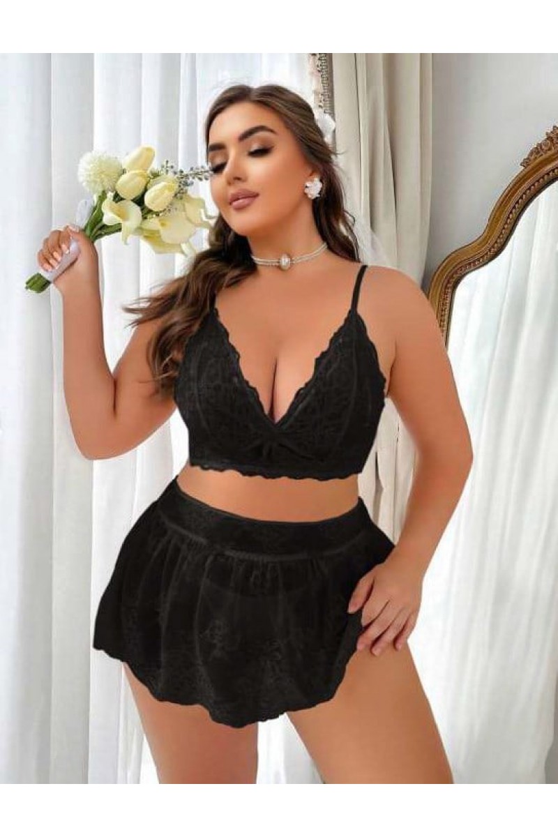 Arias Closet Özel Tasarım Büyük Beden Siyah Dantel İşlemeli Fantezi Mini Etekli Sütyen Takımı Arias Closet Özel Tasarım Büyük Beden Siyah Dantel İşlemeli Fantezi Mini Etekli Sütyen Takımı
