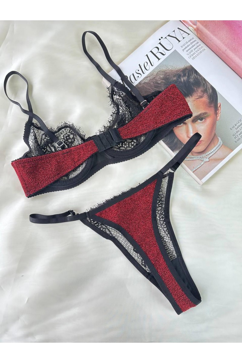 Arias Closet Özel Tasarım Dantel İşlemeli  Bordo Desteksiz Bralet Takımı