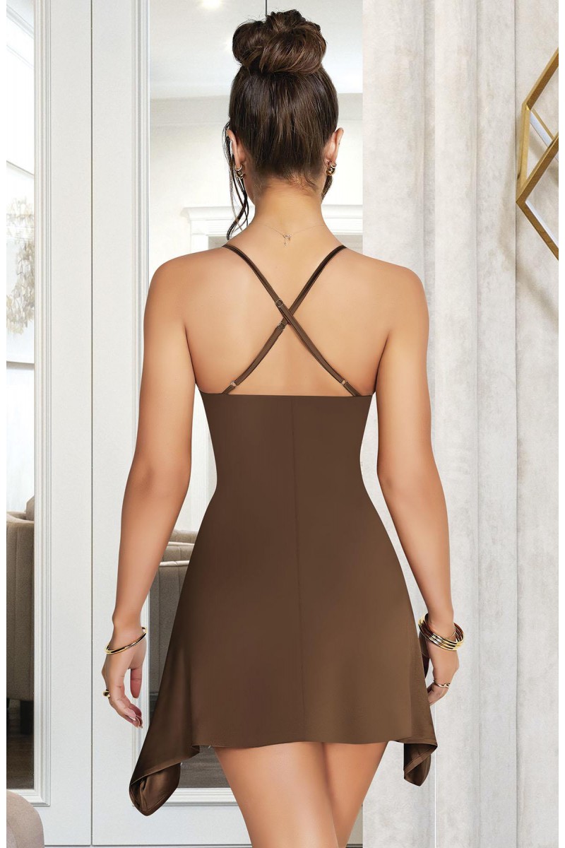 Arias Closet Özel Tasarım İnce Askılı Göğüs Dekolteli Kahverengi Mini Saten Gecelik Arias Closet Özel Tasarım İnce Askılı Göğüs Dekolteli Kahverengi Mini Saten Gecelik