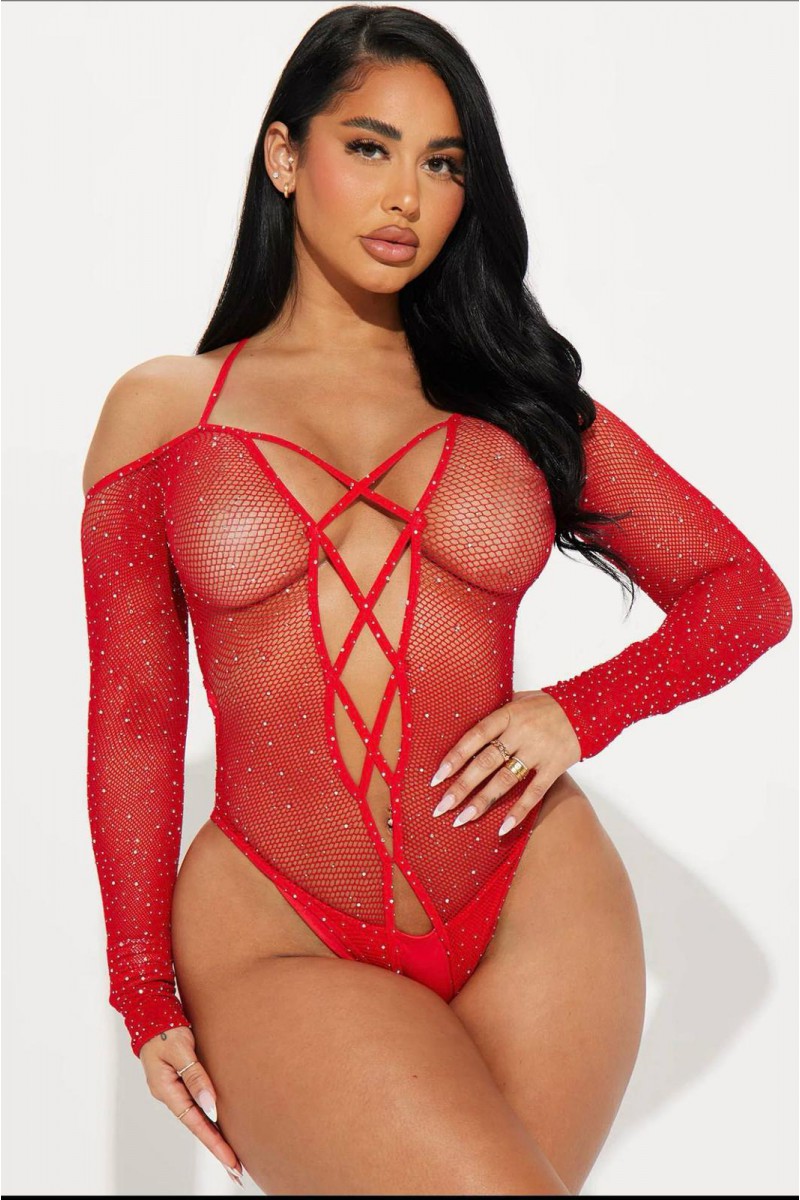 Arias Closet Özel Tasarım Kırmızı Taşlı Fantezi Vücut Çorabı