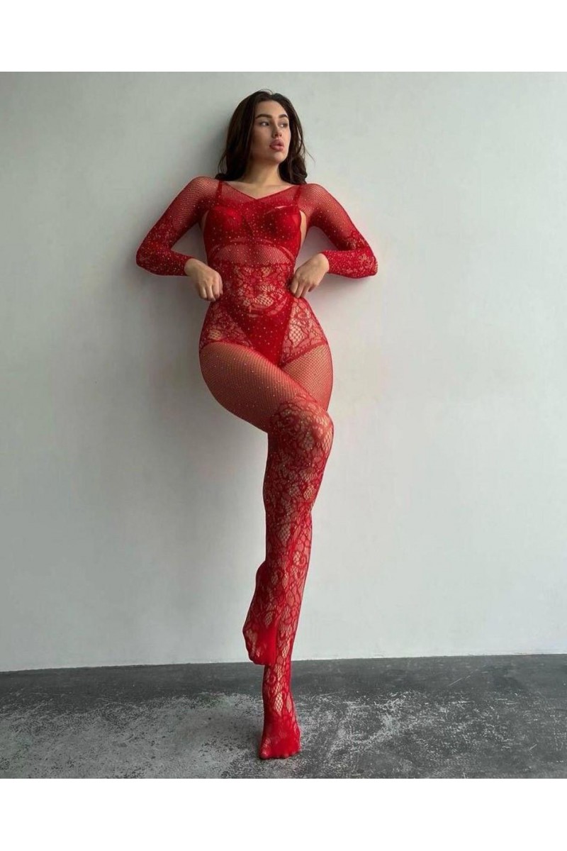 Arias Closet Özel Tasarım Kırmızı Taşlı Fantezi Vücut Çorabı