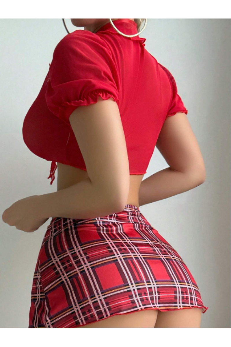 Arias Closet Özel Tasarım Kravatlı Kırmızı Ekose Desen Etekli Fantezi Liseli Kostüm Arias Closet Özel Tasarım Kravatlı Kırmızı Ekose Desen Etekli Fantezi Liseli Kostüm