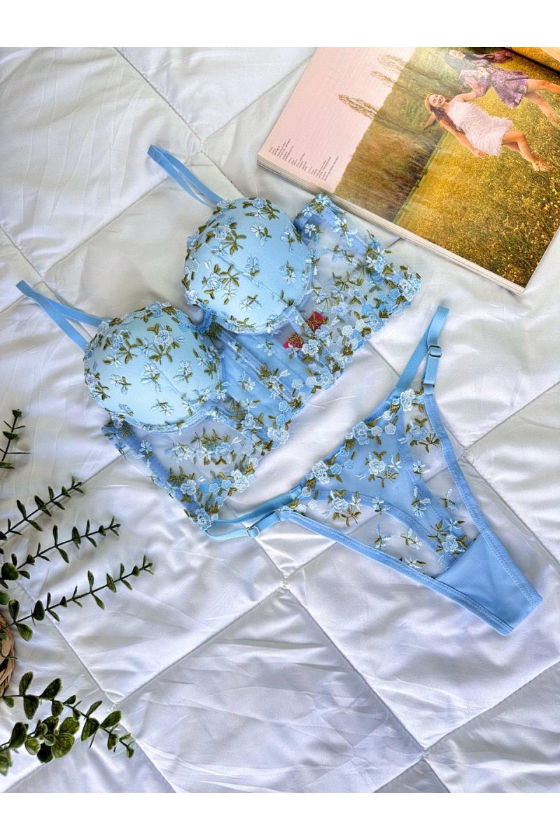 Arias Closet Özel Tasarım Mavi Dantel İşlemeli Çiçek Desenli Destekli Bralet Takımı